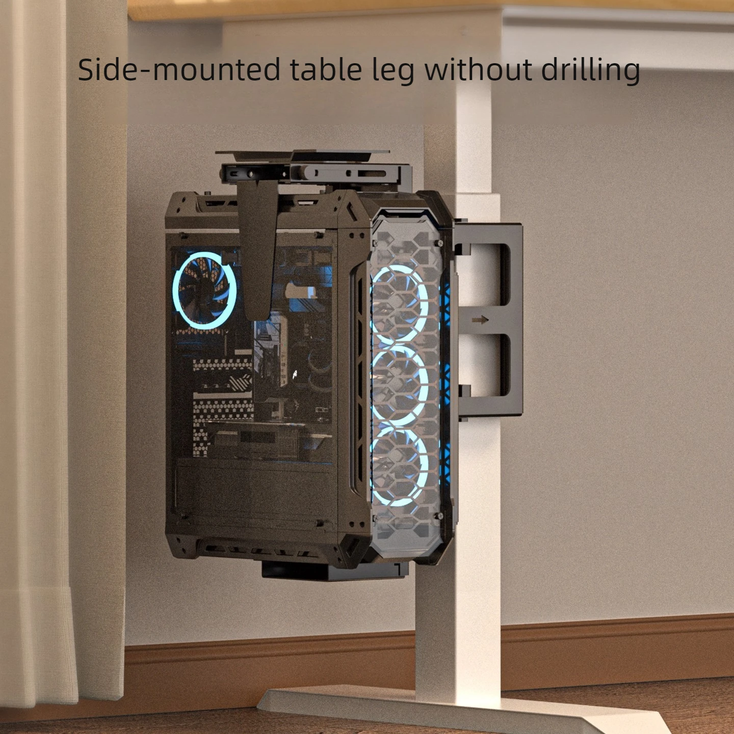 No Drill Computer Tower Mount with 360° Rotation, Adjustable Height Width, 30kg Capacity for Single Dual Beam Standing Desks