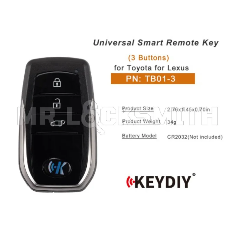 KEYDIY KD TB01-3 Universal Smart Remote Key 3 Buttons with 8A Transponder Compatible with Toyota Lexus Type