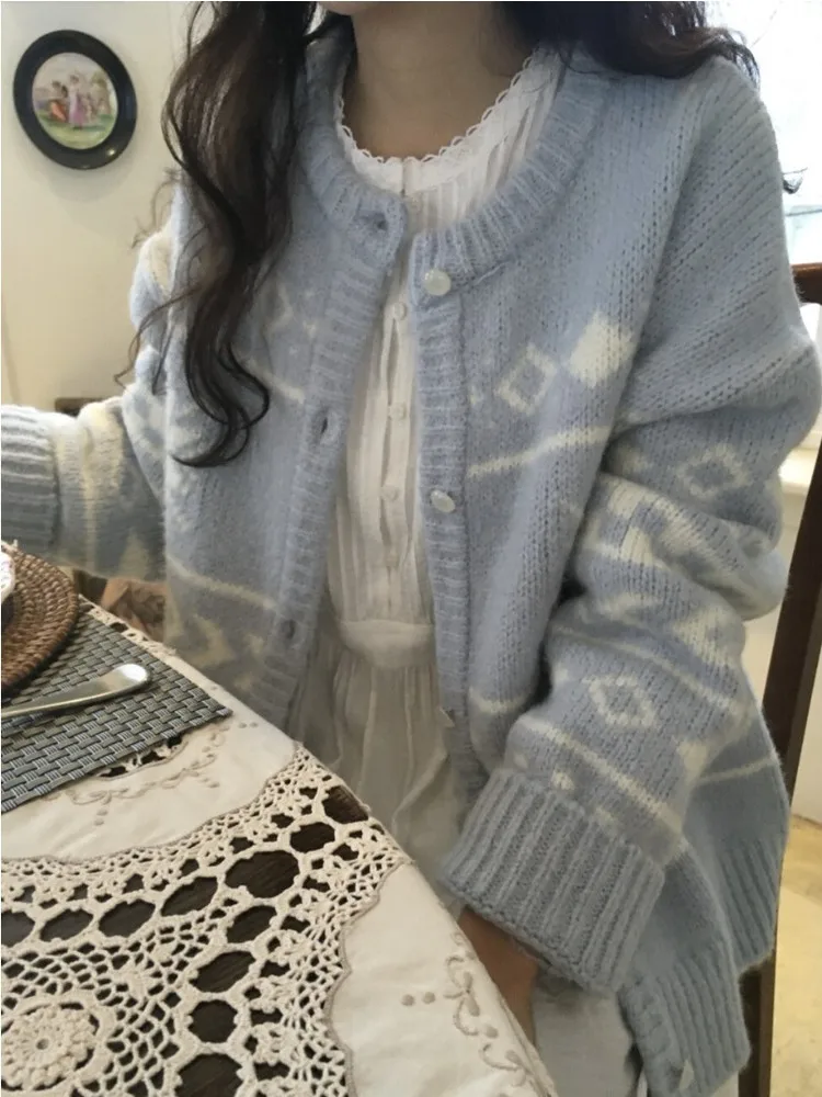 Blue Knitted Open Cardigan Women's Chic Winter Sweater Jaet Loose Fit Polyester Fiber Single Button Thiened Winter Outerwear