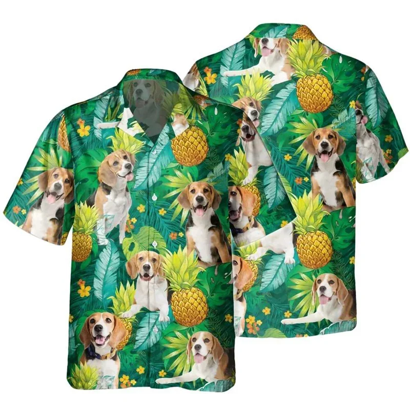 Kemeja anjing motif 3d hewan peliharaan lucu untuk pria blus liburan lengan pendek kerah kancing kemeja Hawaii buah tropis keren musim panas