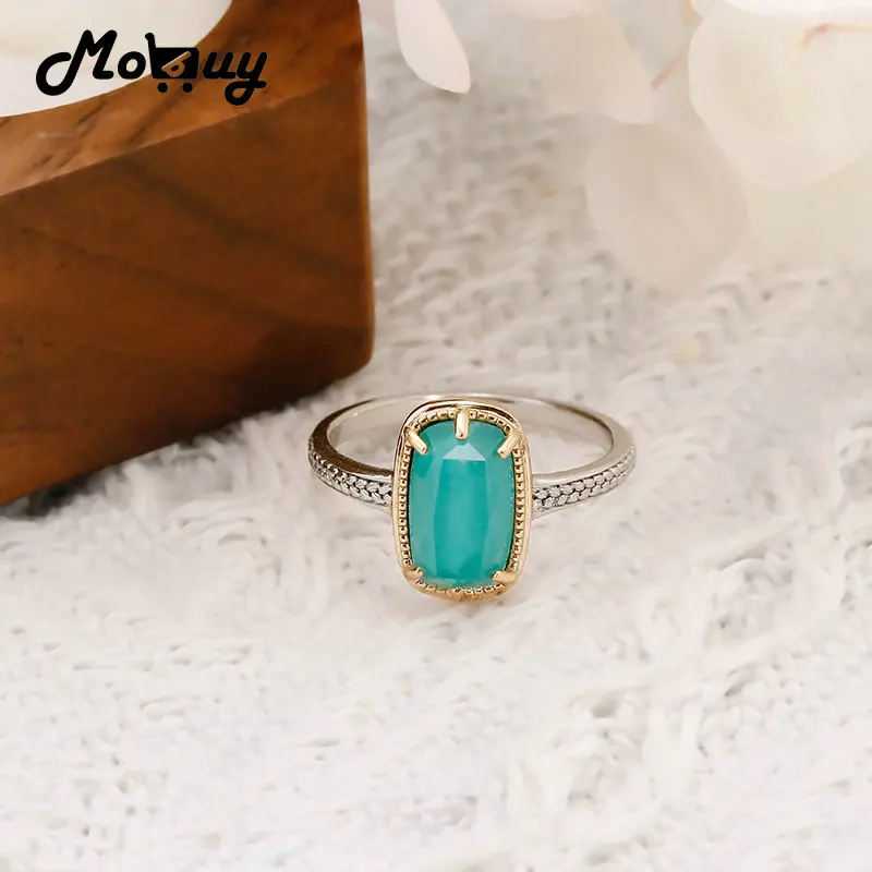 

MoBuy Vintage Bijou Gemstone Ring For Women Natural Turquoise White Crystal S925 Silver Gold Plated French Style Fine Jewelry