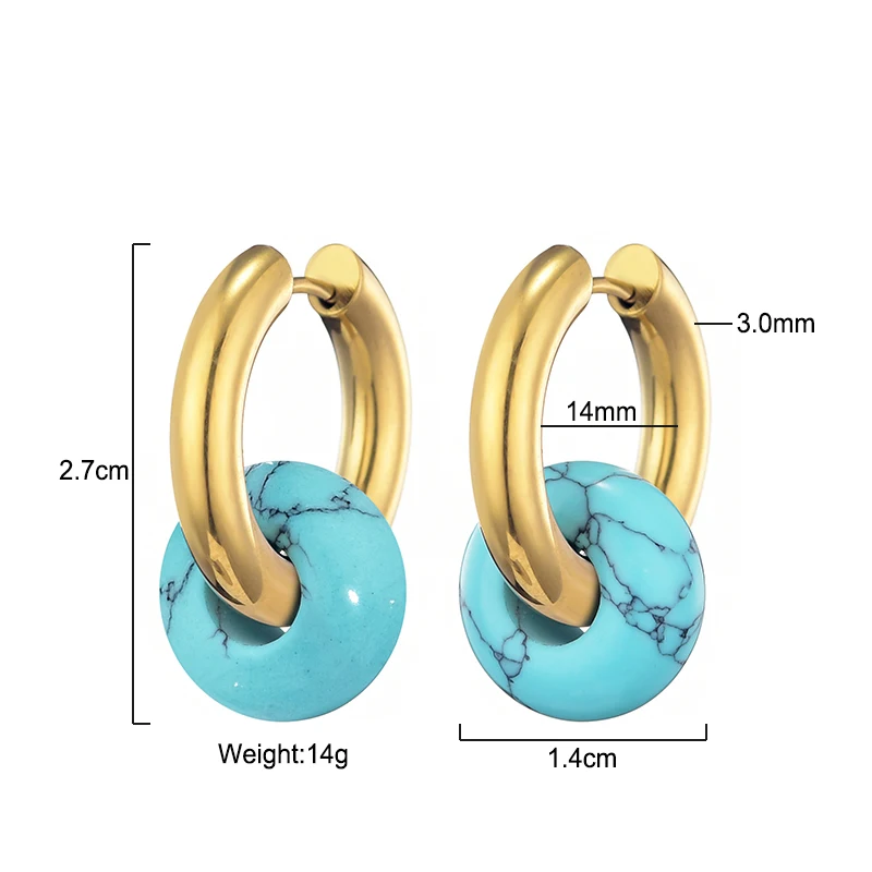 Klassische Mode Naturstein Runde Perle Creolen Frau Türkisen 3,0mm Dicke Edelstahl Ohr Schnalle Ohrringe Schmuck – Detail 12