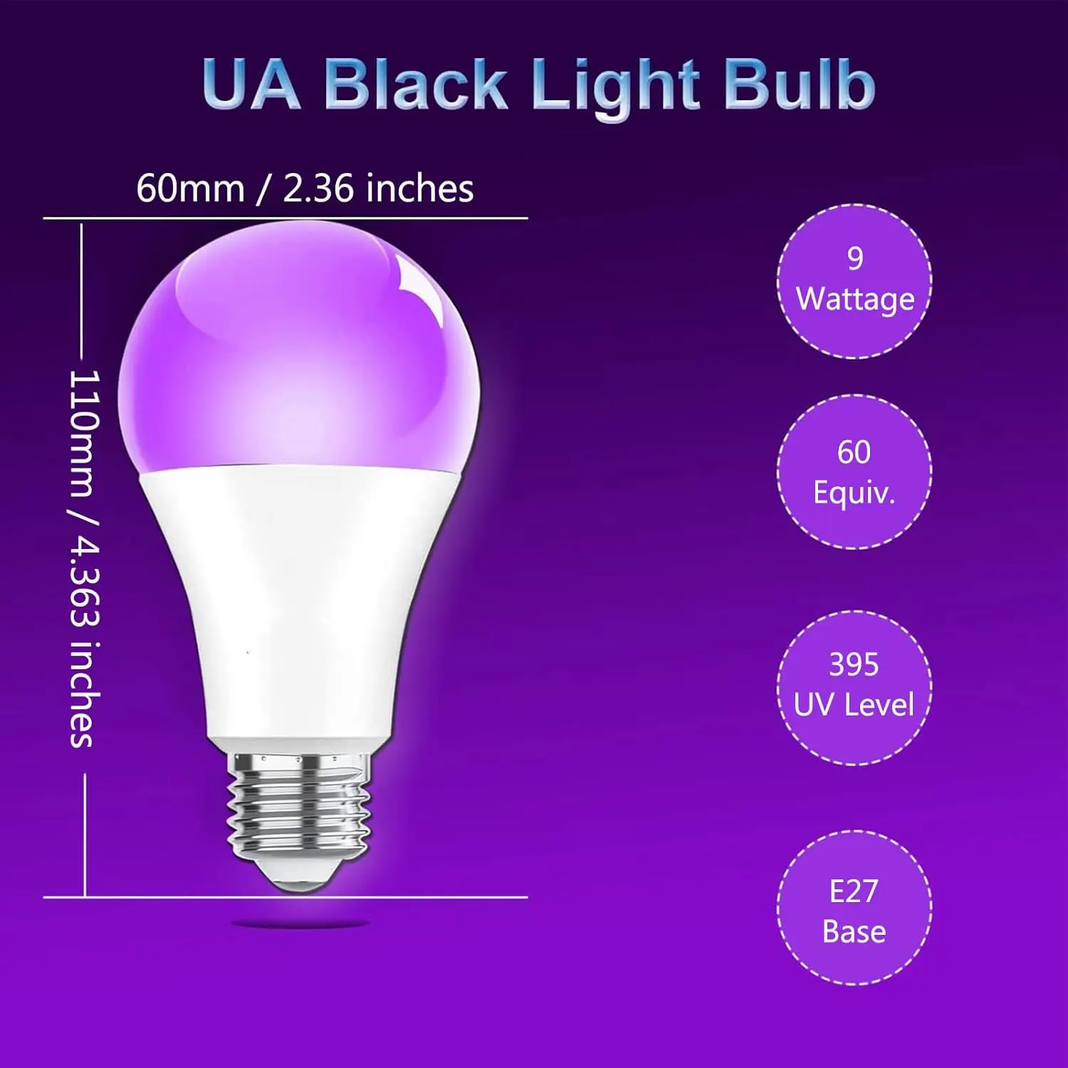 1-2 Pack Black Light Bulbs 9W UV LED Bulb with E27 Base 395nm Blacklight Bulb UV Lamp Ultraviolet Fluorescent Purple Lamp