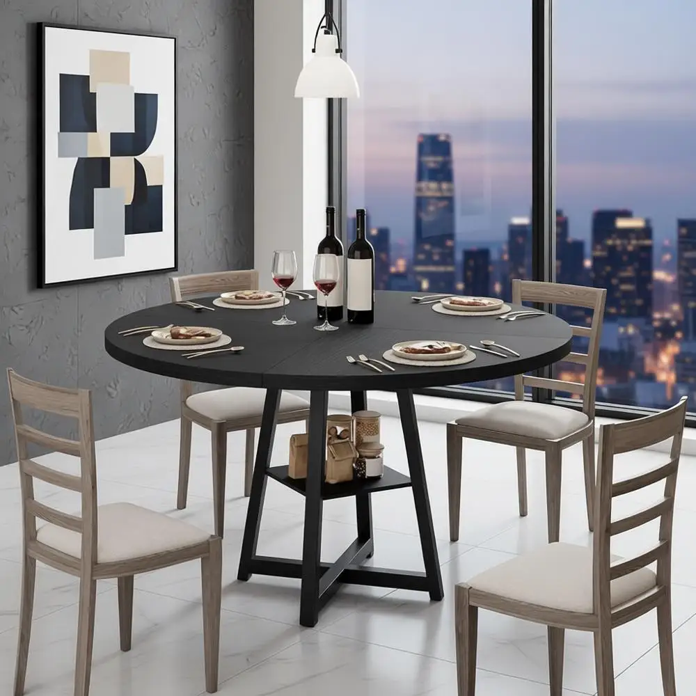 Round Dining Table 47 Inch Wooden Top Metal Base Kitchen Table for 4 with Storage for Dining Room Living Room