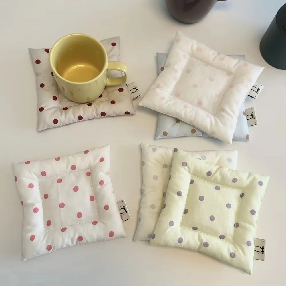 Ins Polka Dot Cotton Coasters Fabric Quilted Cup Mat Cream Color Square Insulation Pad Home Decor Gifts