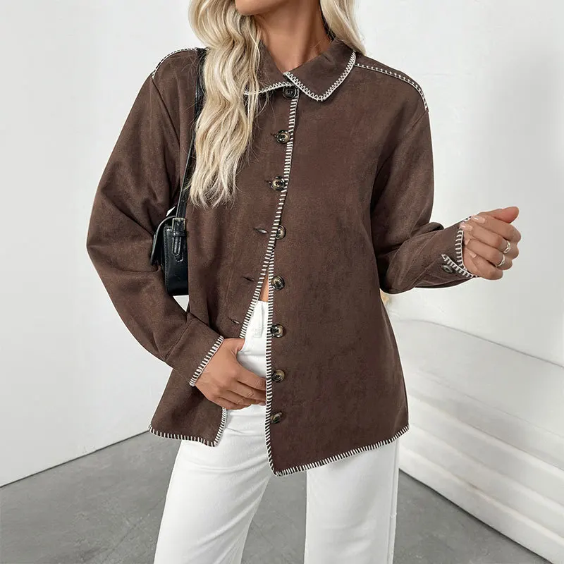 2025 New Autumn/winter Women's Fashion Casual Joker Retro Trim Color Matching Lapel Loose Shirt Jacket Ladies