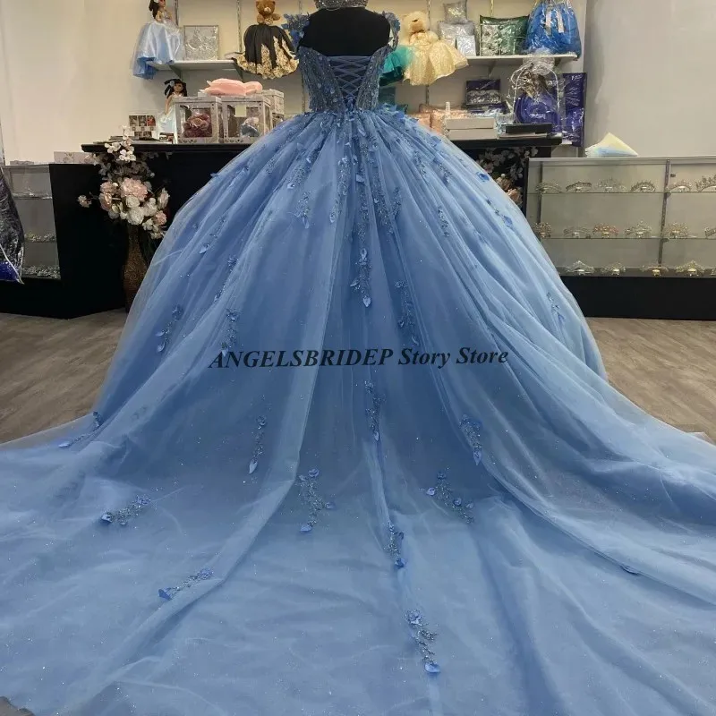 Angelsbridep-Vestidos Quinceanera Azul Céu Brilhante, pérola cristal, aplique floral 3D, vestido de aniversário formal, 15 anos, 24 anos, 2024