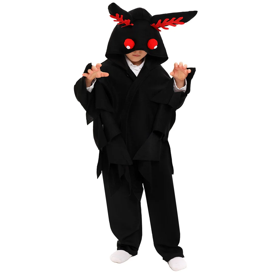 Unissex preto mothman traje cosplay com capuz trajes de natal capa de festa horrível capa de traça roupas de festa de halloween para crianças