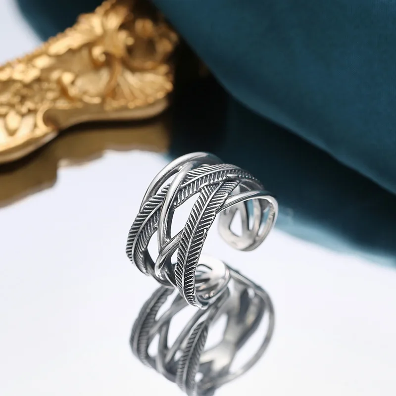 

Geometric Fashion Surrounding Ring Feather Opening Beautiful Pure Silver S925 Vintage Simple Ethnic Style Ring