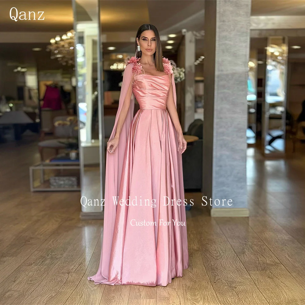 

Qanz Pink Satin Vestidos De Fiesta Elegantes Cap Sleeves Long A Line Prom Dress 3D Flowers Feathers Evening Dresses Customized