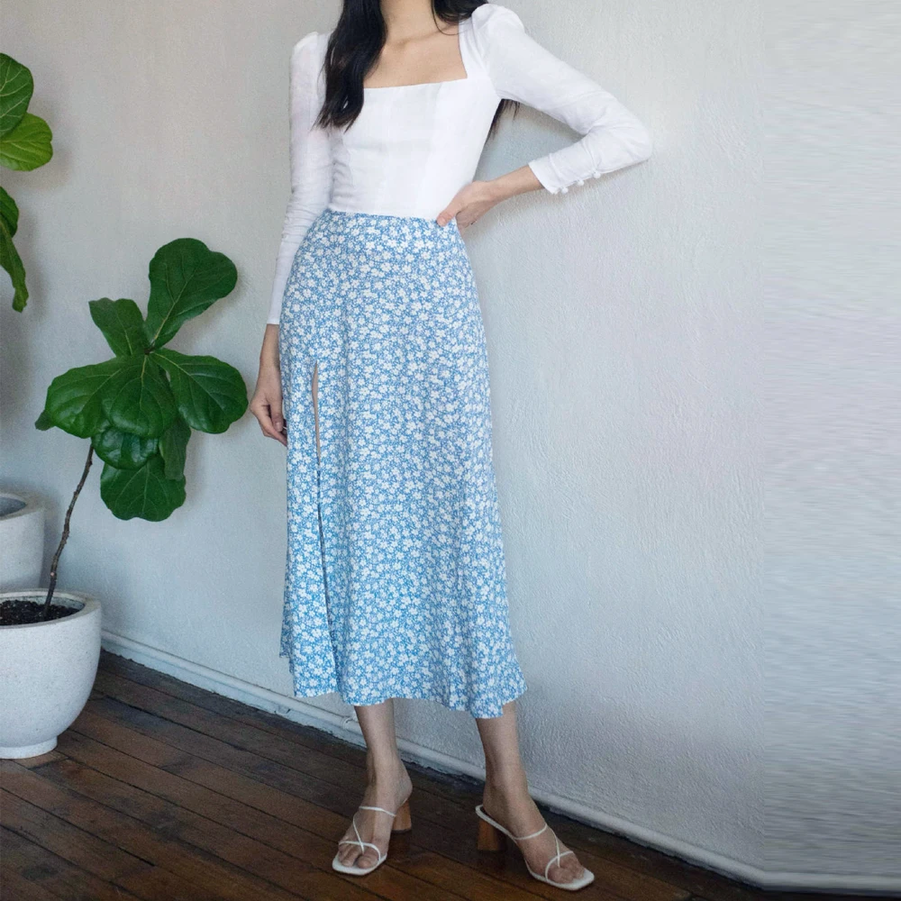 Fashion Rok Bunga Wanita Musim Panas Pinggang Tinggi Belahan Pantai Kasual Rok Midi Boho Elegan Liburan A Line Rok Jupe Faldas