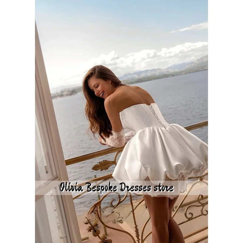 A-line Strapless Mini Wedding Dresses Puffy Hem Elegant Draped Short Bridal Gowns with Pearls for Women Customized свадеб