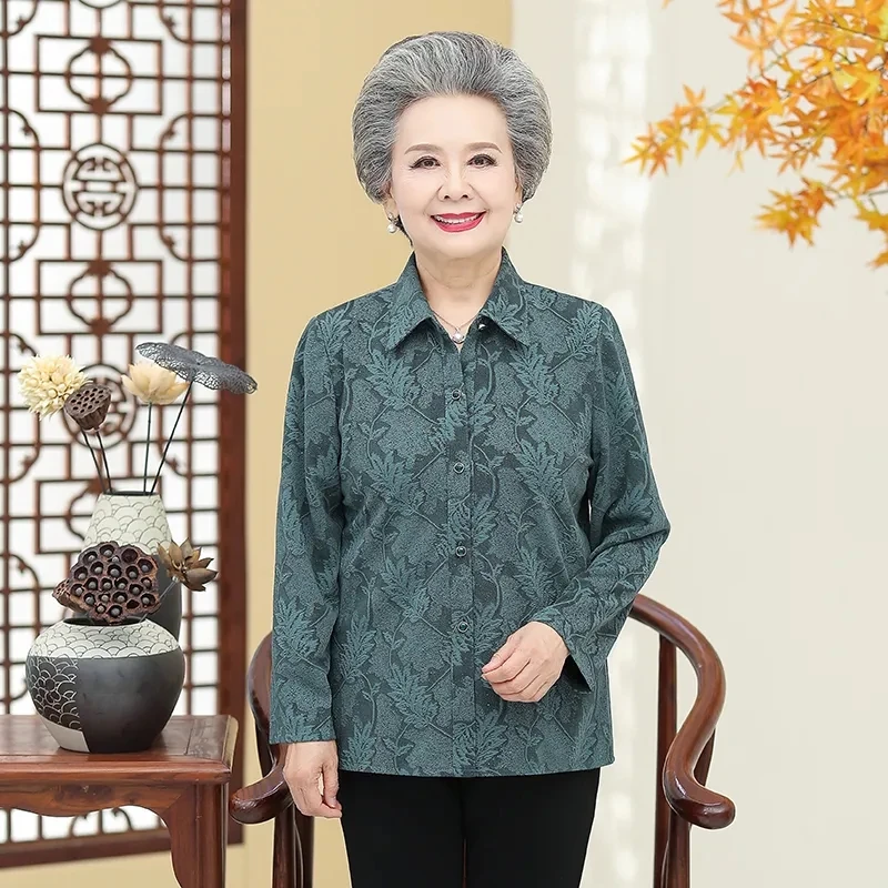 Elderly Women Blouses Autumn Old-age Mother Tops Long Sleeve Printed Shirt Grandmother Spring Thin Cardigan Coat W707