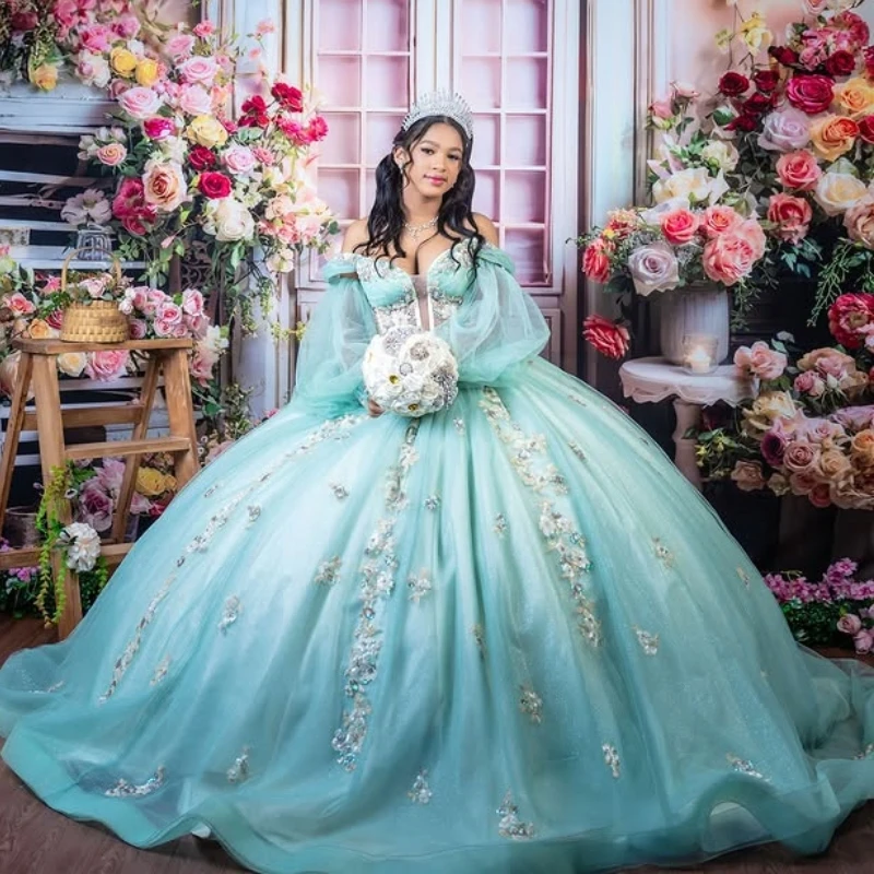 Mint Green Quinceanera Dresses Ball Gown Off Shoulder Appliques Lace Beading Crystal Tull Puff Sleeve Birthday Payty Sweet 16