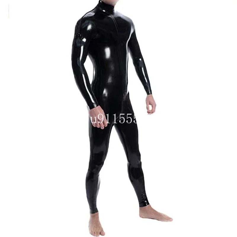 Handmade Double Shoulders Zipper Men's Full body Design Sexy Latex Tight Jumpsuit Rubber Catsuit Clothing with Crotch Zip