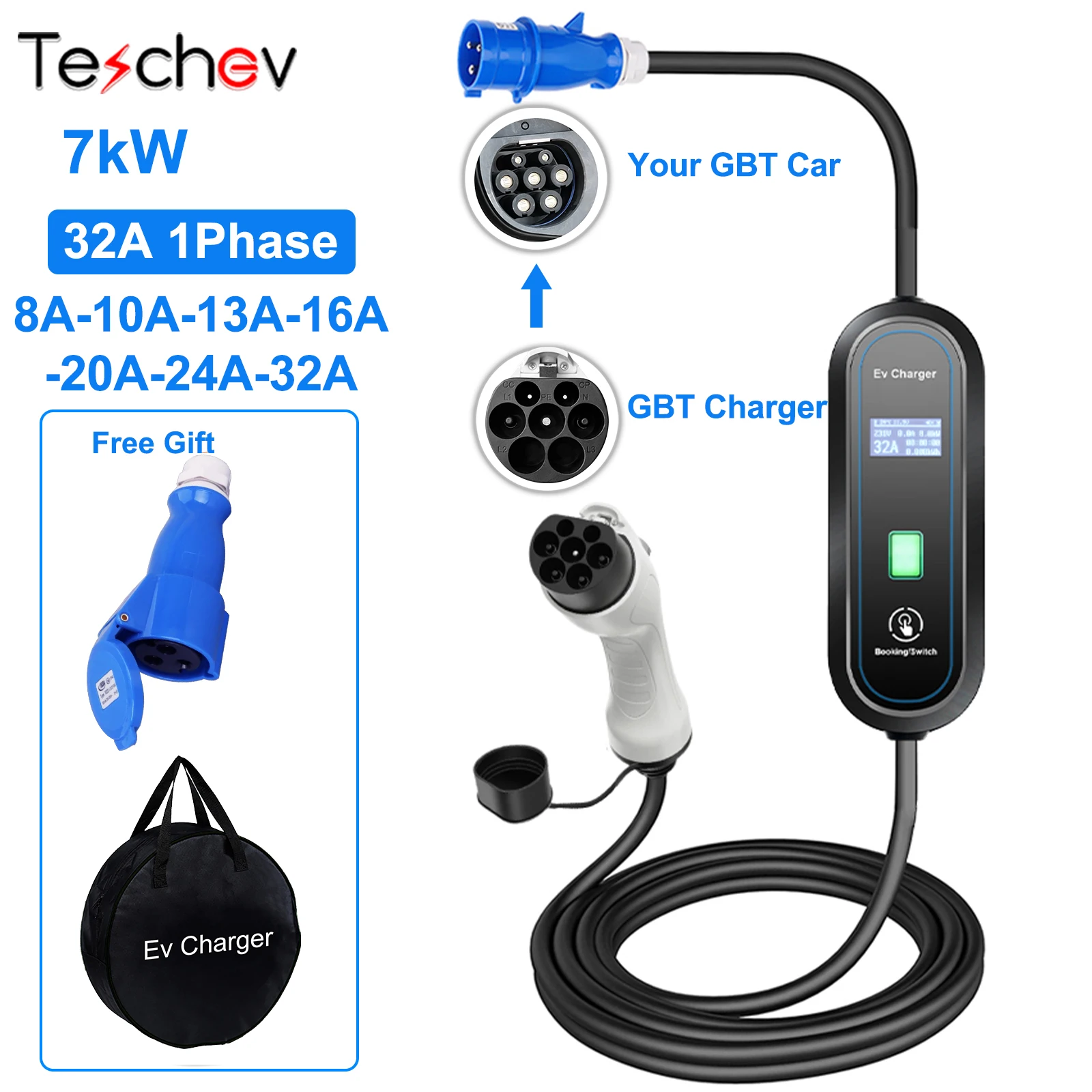 Teschev Portable EV Charger Wallbox GB/T Cord 7KW 32A  Single Phase EVSE Charging Box Charging Station for Electric Vehicle Car