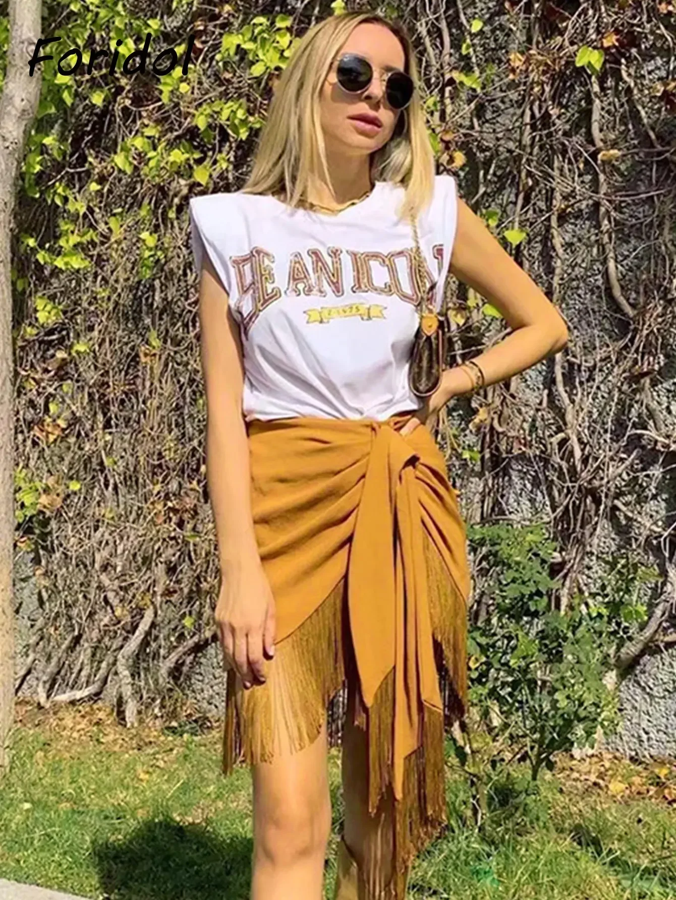 Foridol High Waist Bodycon Tassel Mini Skirt Women Summer Spring Irregular Slit Brown Short Bowknot Skirt Ladies Bottoms Brown