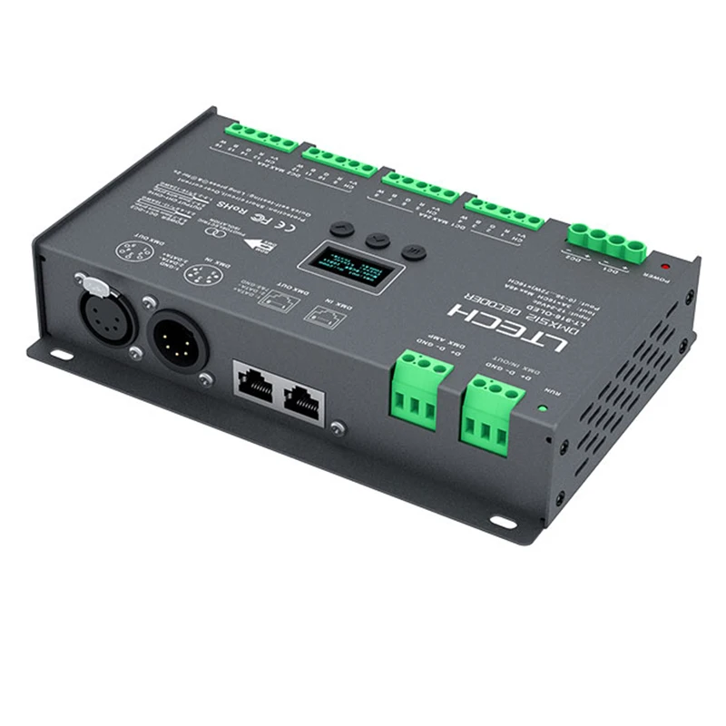 LTECH 16 Channel Led DMX Decoder DC12V 24V Input;3A 16CH 4A 12CH 48A Output 12/16 Channel DMX512 RDM Slave OLED Screen Display