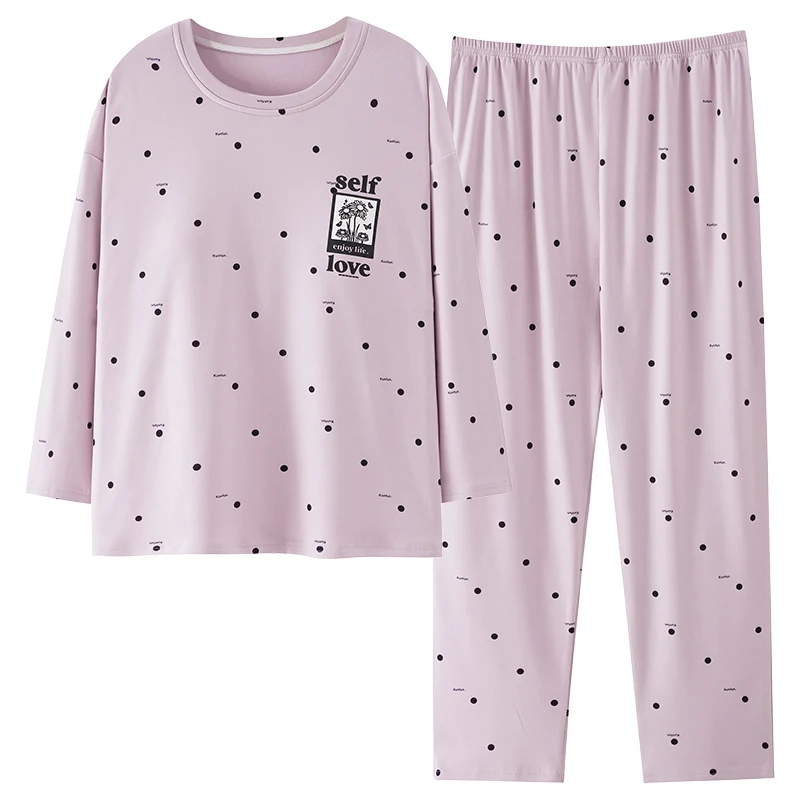 

Autumn Thin Fleece Pajamas Set Women Pyjamas Sleepwear Loose Long Sleeve Pijama Mujer Home Clothes Polka Dot Nightsuit 2pcs/set