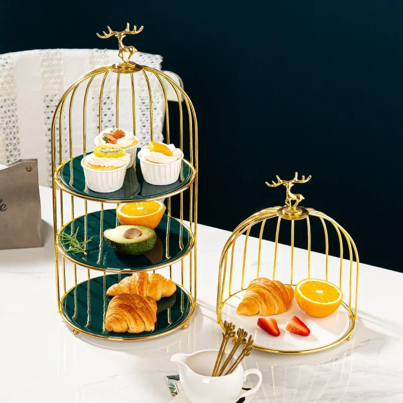 Multi-layer Metal Ceramic Fruit Plate Bird Cage Cake Stand Party Decoration Dessert Display Nordic Home Snack