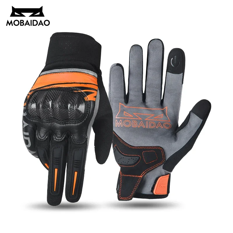 MOBAIDAO Motorcycle Gloves Breathable Leather with Carbon Fiber Knuckle Guard Summer Riding Moto Gloves for Men/Women
