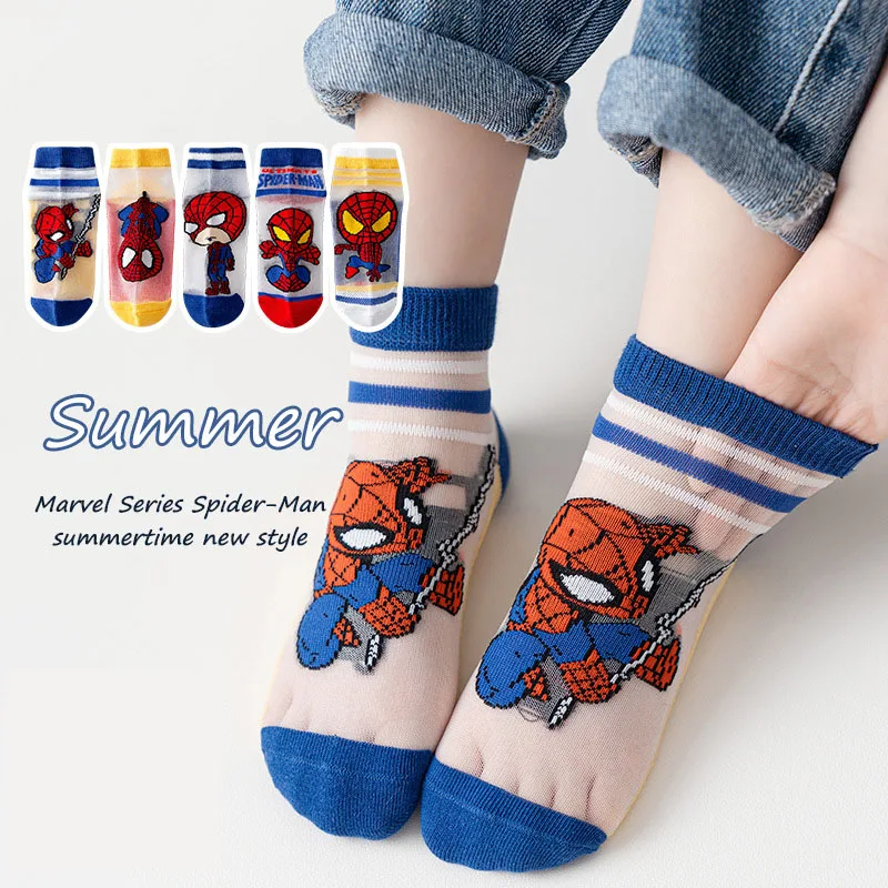 5 Pairs Cartoon Spiderman Iron Man Kids Socks Cotton Summer Thin Breathable Children socks Baby boys short socks 1-12 Y