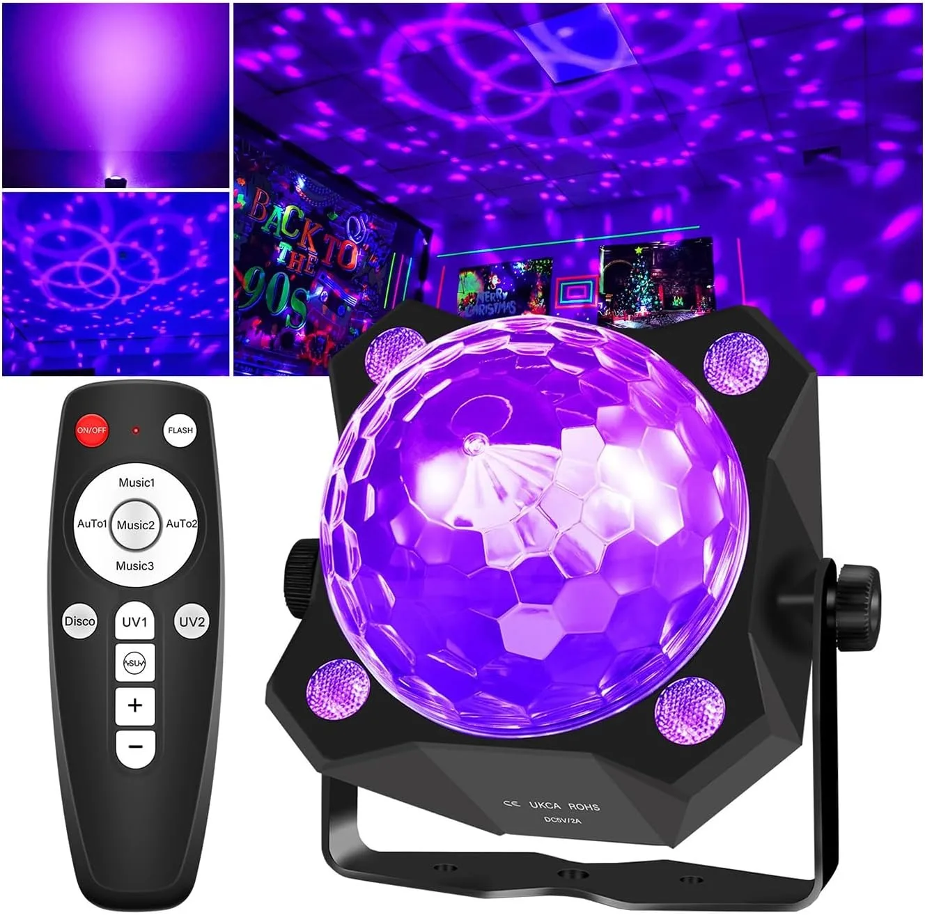 2-in-1 Dazzling Party Black Light Disco Ball Light, with Sound-Activated Strobe Function, Dj Party Light, Black Light Lamp, Suitable for Halloween, Christmas, Birthday Decorations, and Classroom, Room, and Home Party Decorations