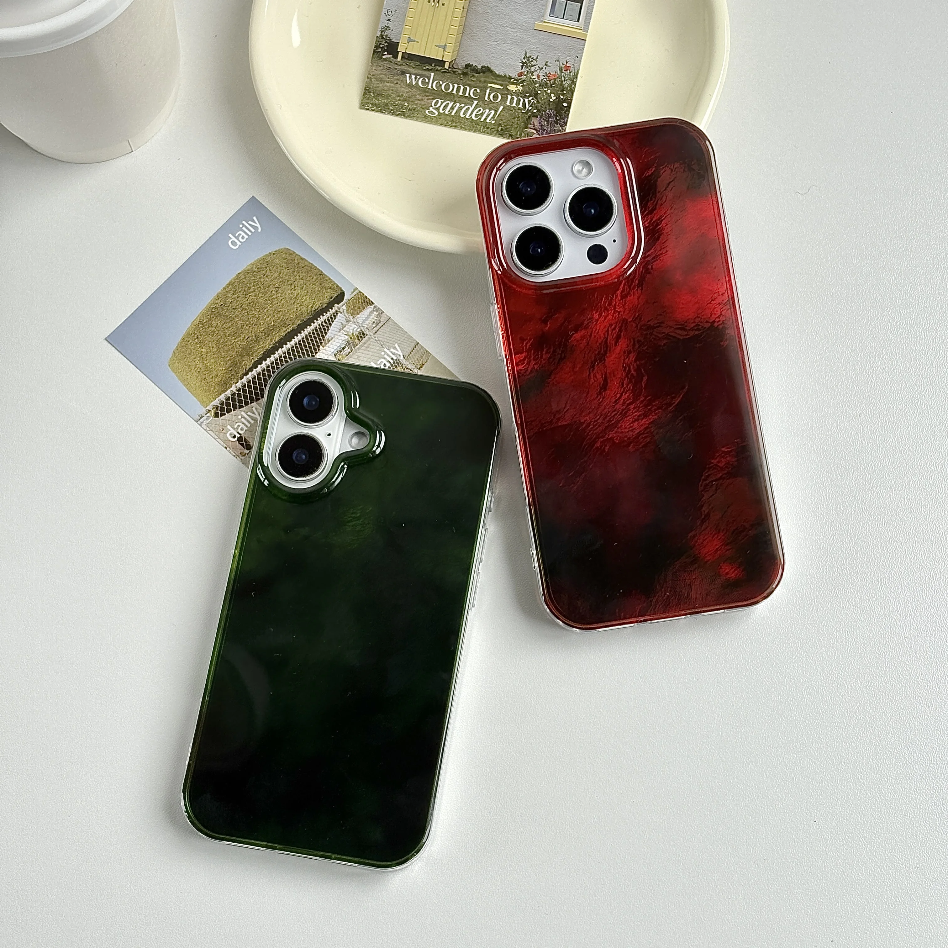 Hermosa caja de teléfono de protección de textura de glaciar de Color de contraste manchado de gradación roja y verde para iPhone 13 14 15 16 17 Pro Max