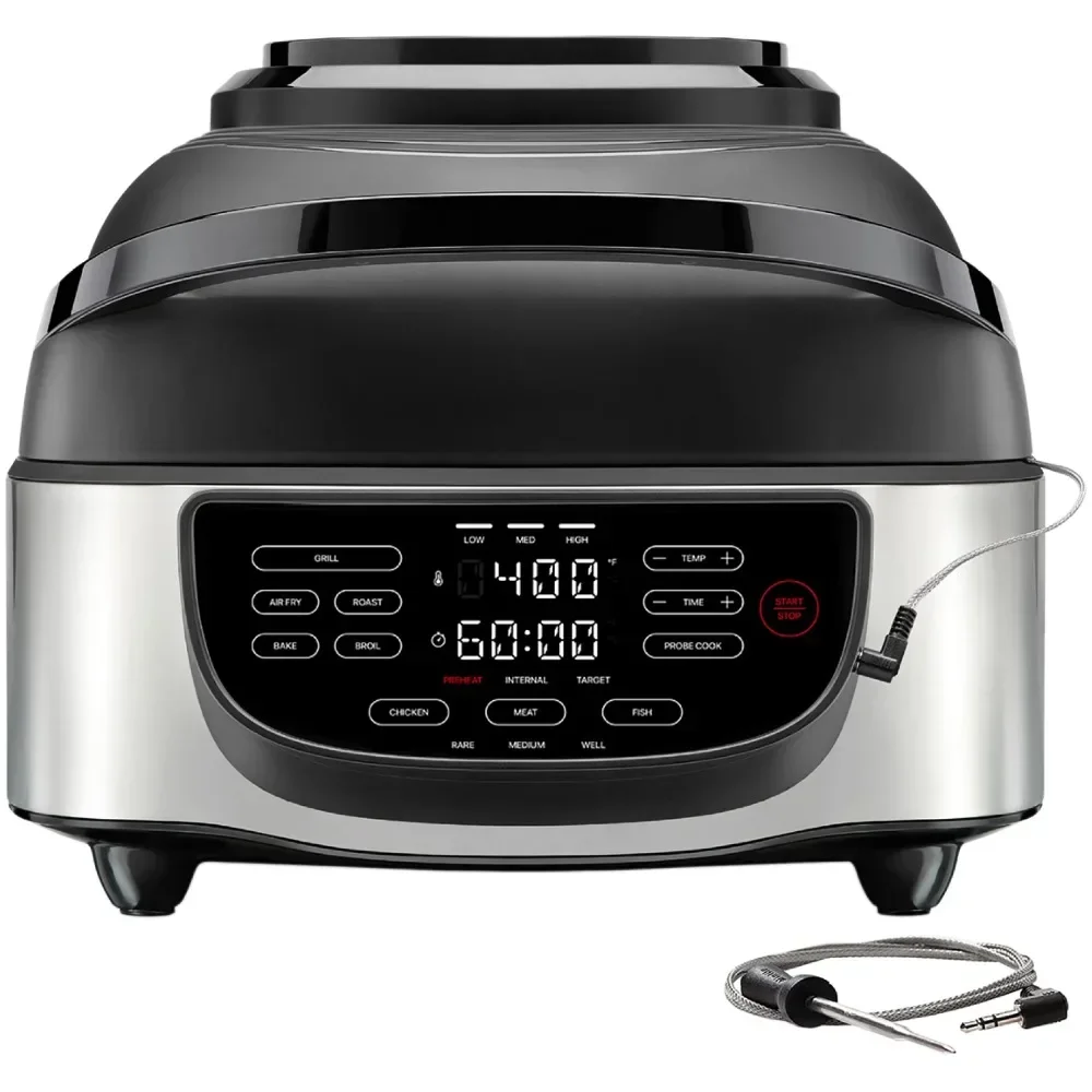 5-in-1 Air Fryer + Indoor Grill with Cooking Thermometer, Air Fry, Grill, Roast, Bake, Broil