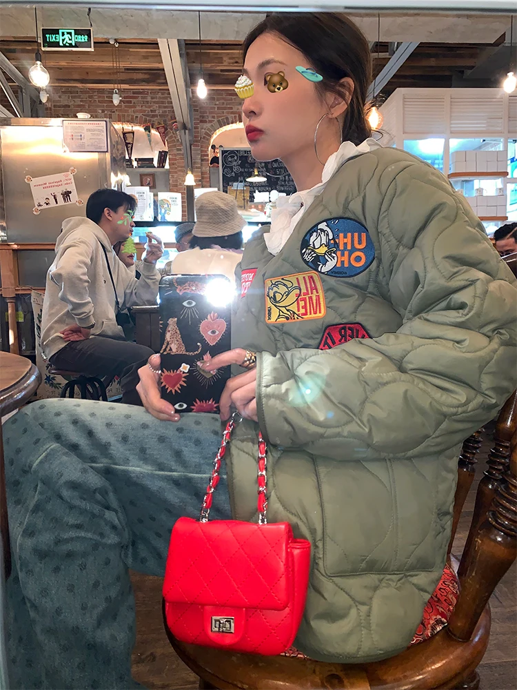 

Women's Winter Jaet 2024 New Sle Warmth Cotton Coat Military een Design Small Size Korean Loose Fit Long Sve round Ne