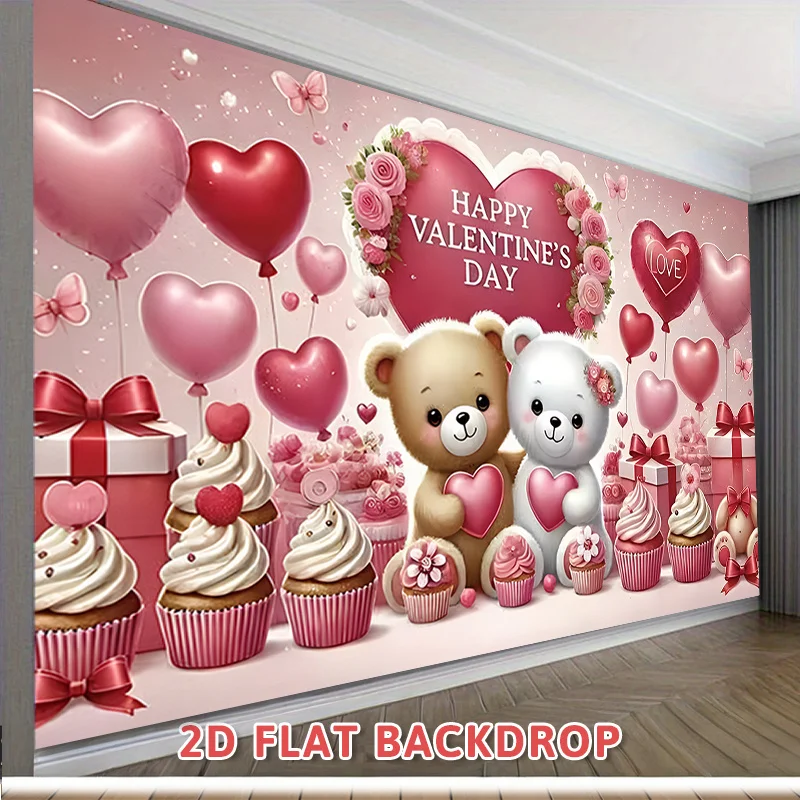 Valentine Teddy Bear Heart Balloon 2D Flat Tapestry Backdrop For Party Photo Booth Wedding Decoration Romantic Love Theme Wall
