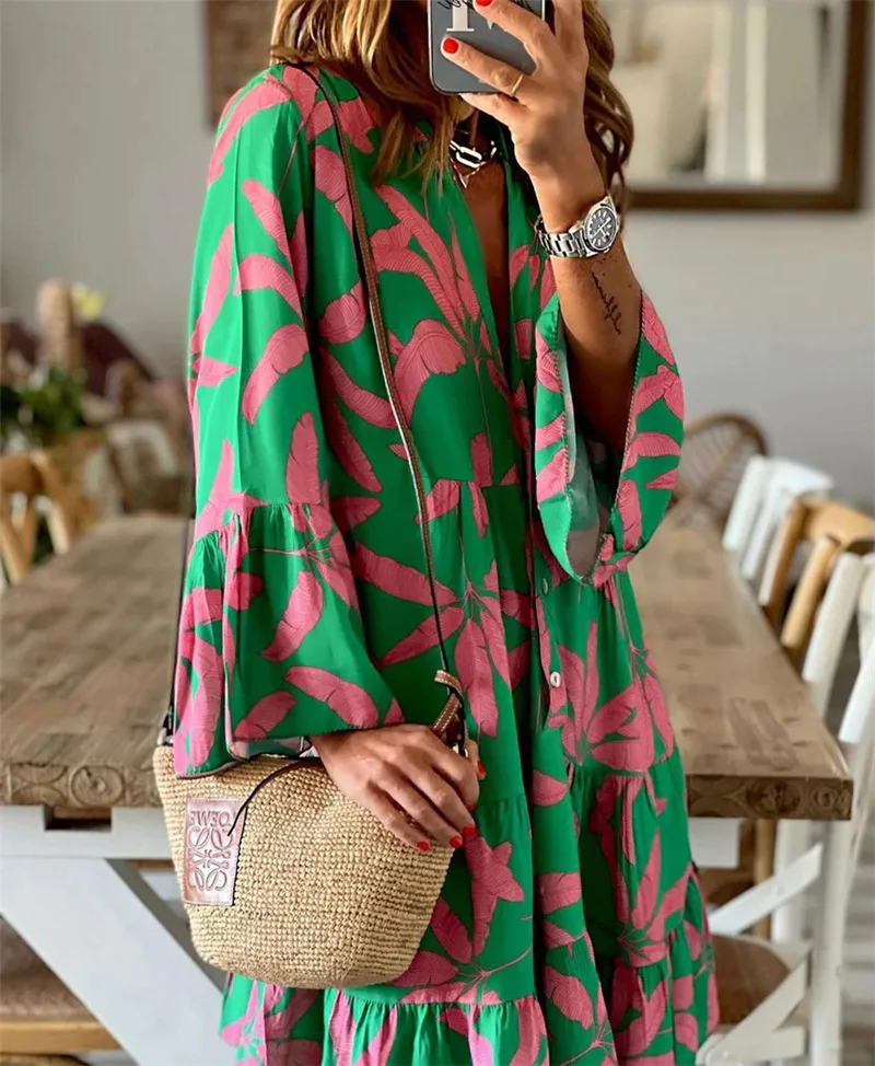 2023 Spring Summer New Women\'s Printed Dresses Long Sleeved Flare Sleeves Women\'s Mid-length Dresses Traf Official Store Dresses