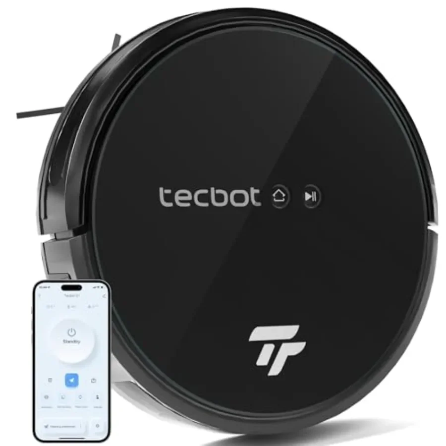 Home robot vacuum cleaner for pet hair on hard floors, black ABS plastic, slim design with 120-min runtime, 2-in-1 sweeping and