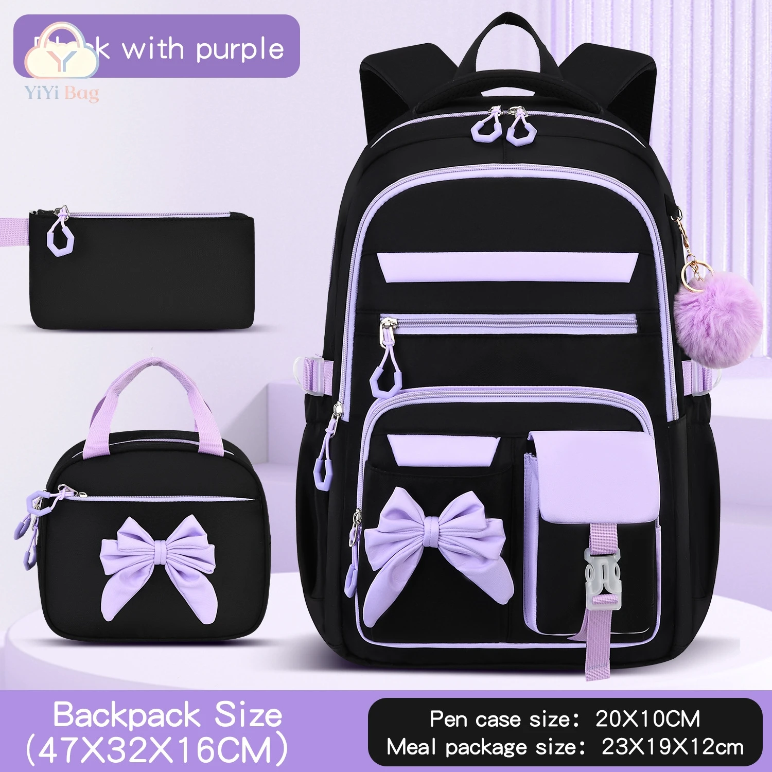 Cute Bow School Backpack Pencil Case Handbag Three Piece Set Nylon Fabric Durable Students Schoolbags Teenage Everyday Backpack