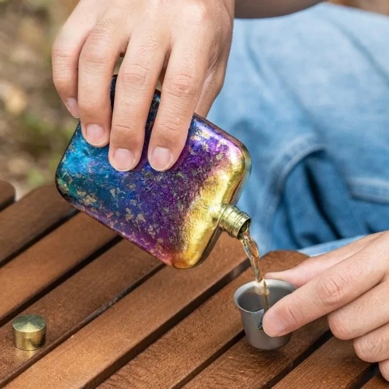 Camping, Colorful Titanium Wine Pot, Titanium Water Bottle, Ultra Lightweight, Portable Pocket Wine Whiskey Colored Bottle