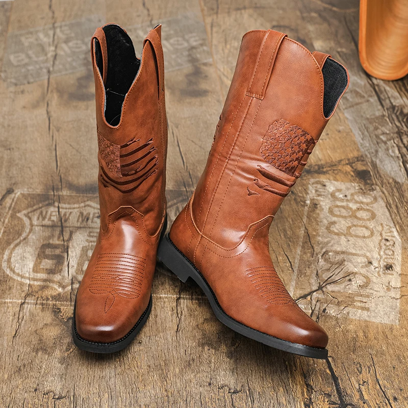 Men Vintage Western Cowboy Boots Retro Embroidery Mid Calf Boots Slip On Leather Classic Country Riding Boots For Daily Outdoor