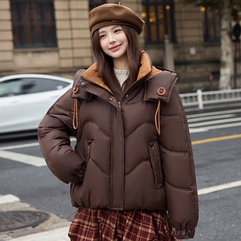 Winter Women's Parka Coat Color Blocked Drwastring Hooded Cropped Lady's Padded Coat Casual Loose Fit Quilted Jacket For Female