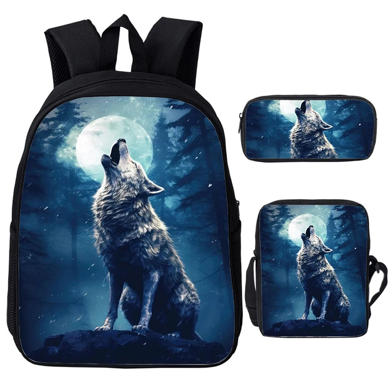 Sac à dos loup hurlant imprimé en 3D, sac initié, trousse à crayons, cartables pour enfants, sac à dos loup cosmique, sacs d'école pour garçons et filles, ensemble de 3 pièces