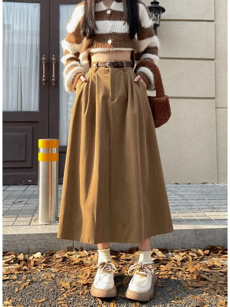 Vintage Corduroy Mid Skirts Women's with Belt Elastic High Waist Loose A-line Skirts Harajuku Slim Solid Color All-match Skirts