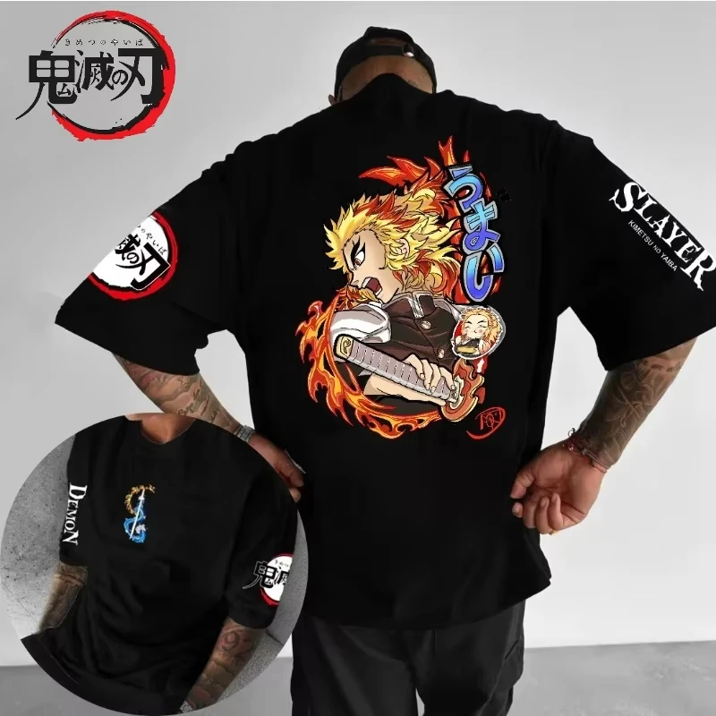 Demon Slayer Anime Rengoku Kyoujurou Surrounding T-shirt Summer Men's and Women's Harajuku Loose Large Casual Short Sleeved Top