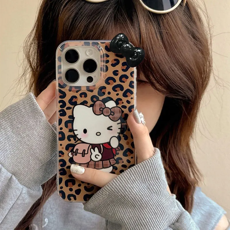 Sanrio Hello Kitty Bow Leopard Print Angel Phone Case For iPhone 16 15 14 12 13 11 Pro Max XR XS MAX 7 8 PLUS MINI Y2K Bow Cover