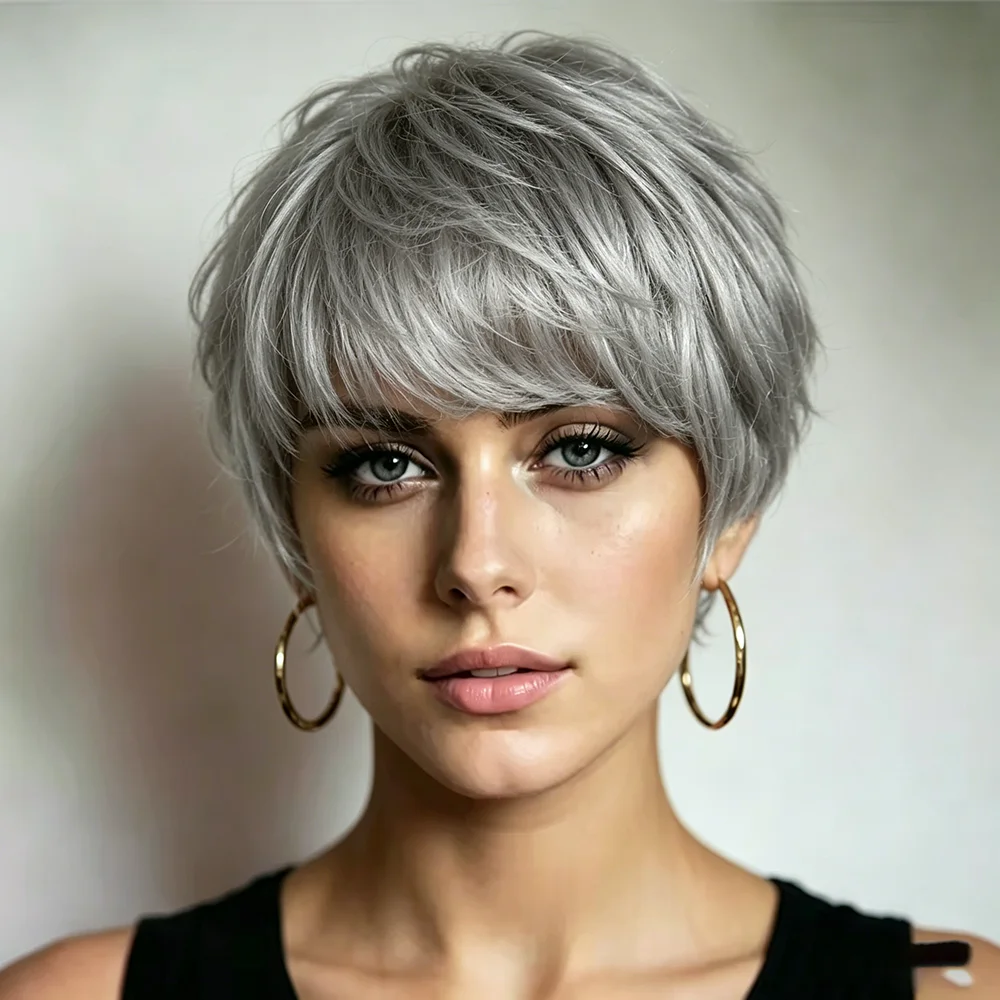 Silbergraue Pixie-Perücken aus Echthaar, 100% maschinell gefertigt, natürlich realistisch, kein Verknoten, für Frauen, vorgezupft.