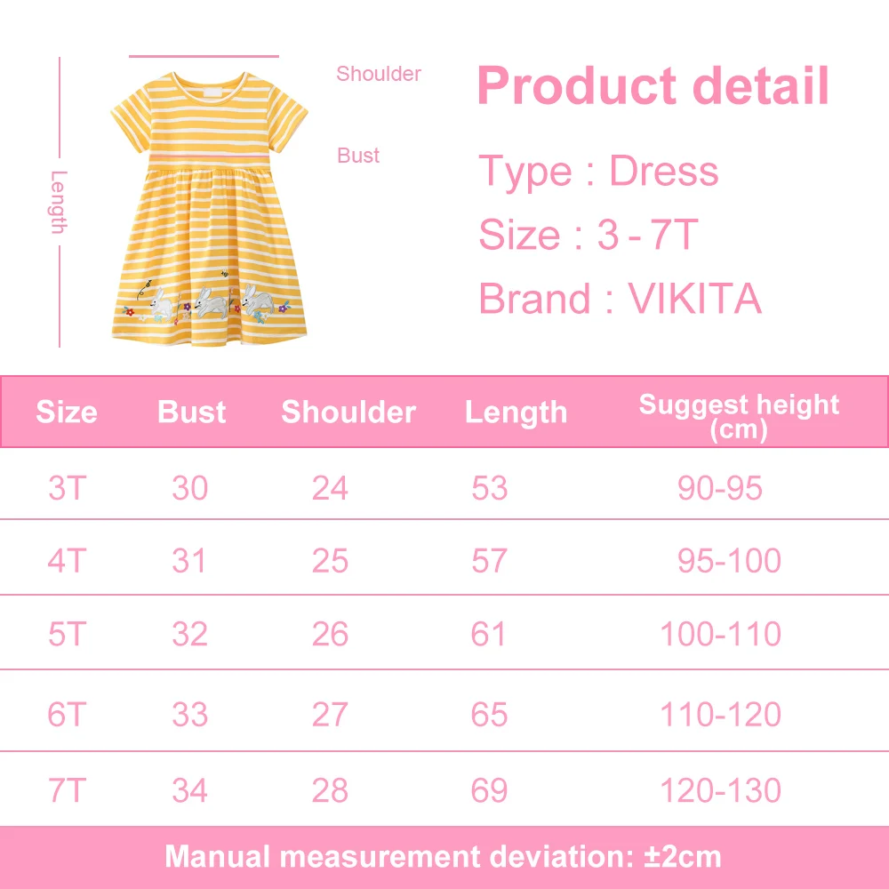 VIKITA Kids Yellow Short Sleeve Dress Girls Mouse Flower Cartoon Appliqued Striped Summer Dress Girls Cotton Straight Dresses