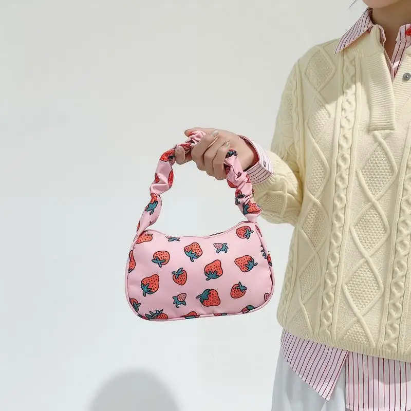 

Cute Strawberry Print Ruched Strap Shoulder Bag With Zipper Closure Perfect For Daily Use School Shopping Travel