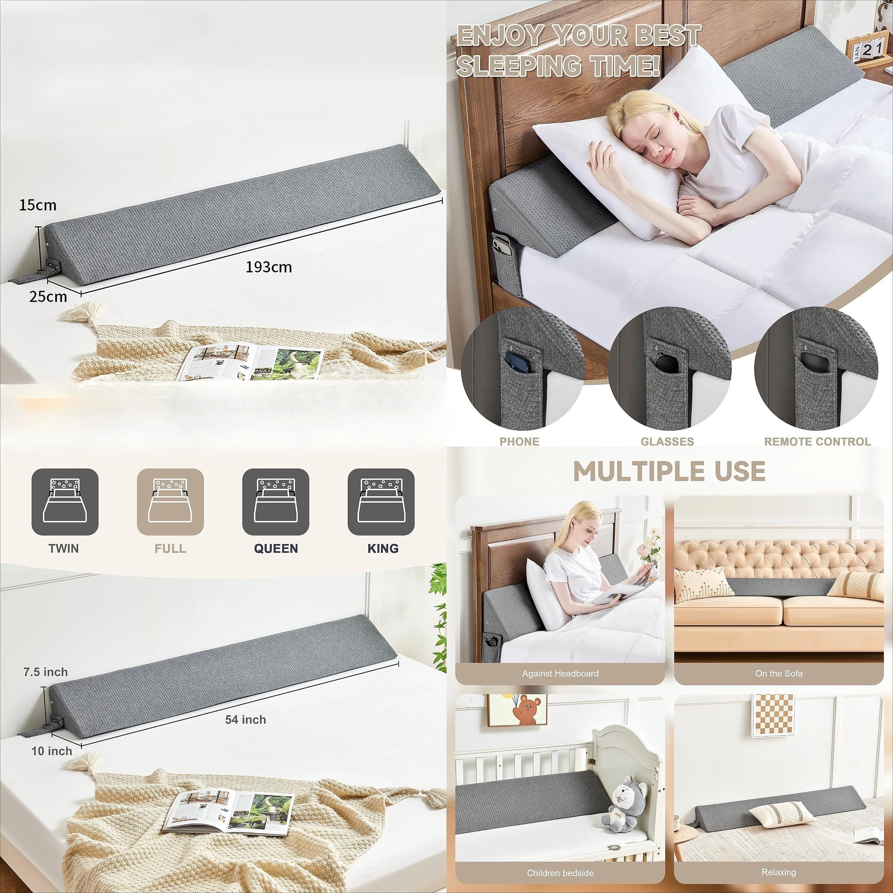 Memory Foam Bed Rail Filler Triangle Pillow for Kids Adults, Anti-Fall Cushion for Bed Side
