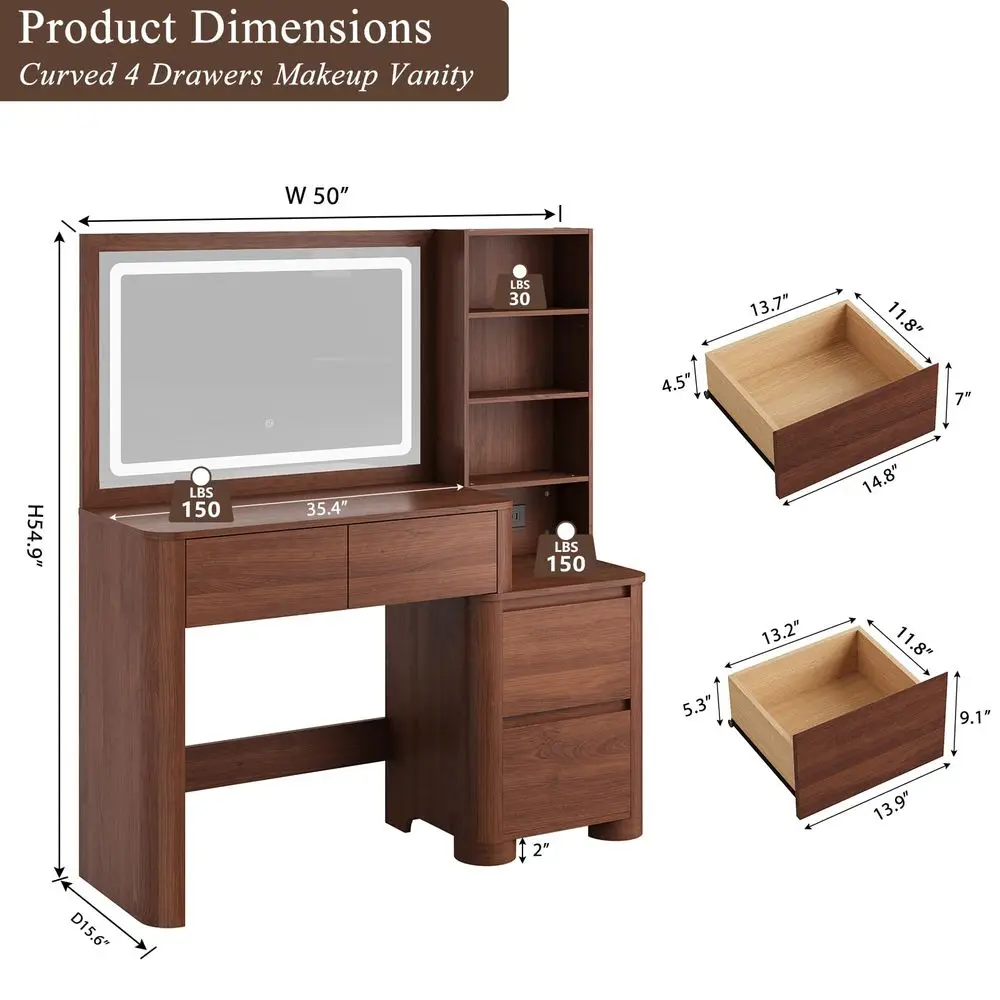 50 Makeup Vanity Desk with 36 HD Mirror and Lights, Walnut 3 Color Modes amp Dimmable, USB TypeC AC Outlets, Thickened Cylindri