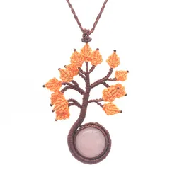 Handmade Rope Wrapped Braided Macrame Natural Rose Crystal Quartz Cabochon Stone Pendant Necklace Tree Summer Gift Jewelry