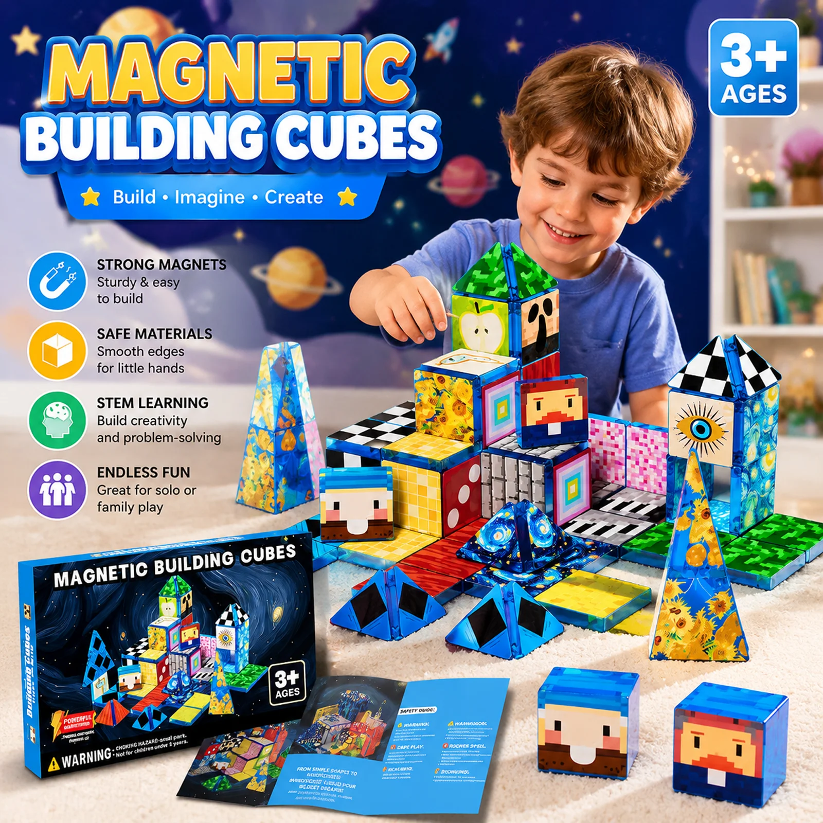 52PCS Pixel Style Magnetic Tiles Building Blocks STEM Educational Construction Toy Creative Building Set for Kids Boys Birthday Gift