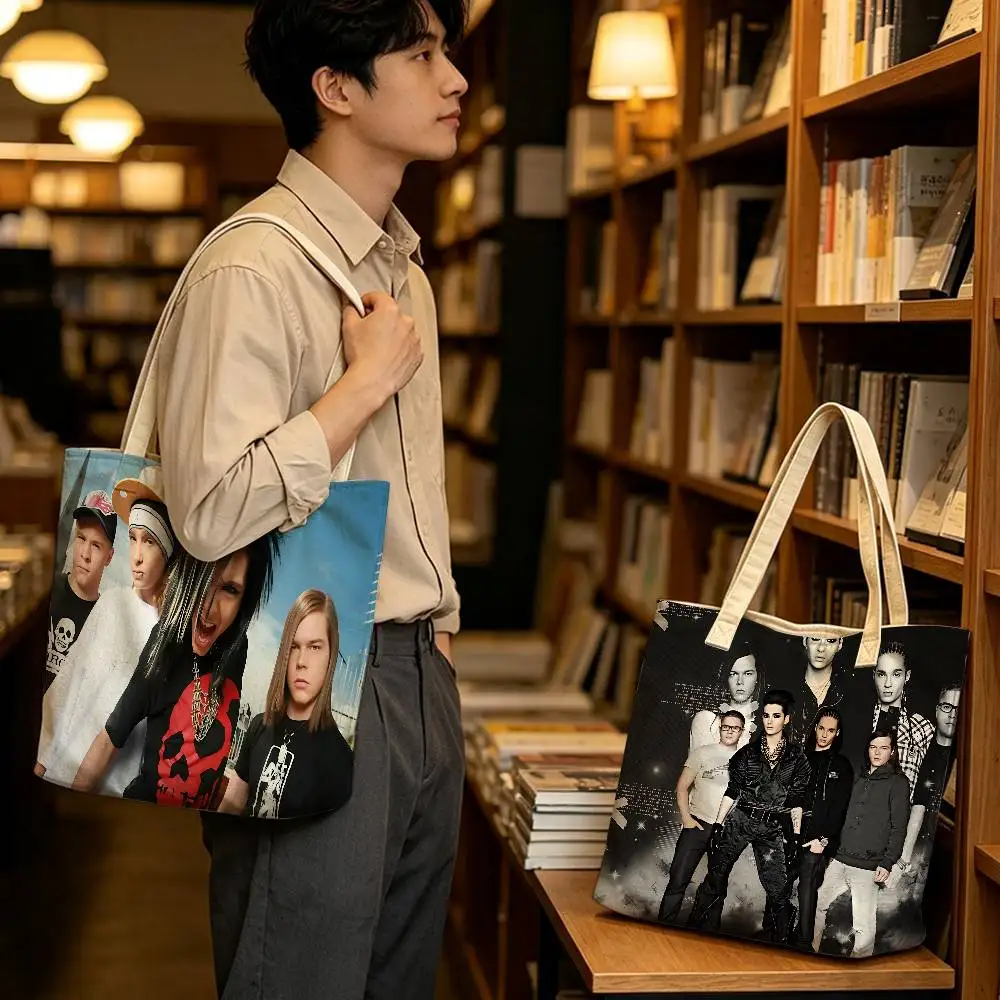 Band Tom Bill Kaulitz Tokio Hotel Women Cotton Polyester Tote Bag Large Capacity Gifts Zipper Closure Shoulder Bag For Shopping