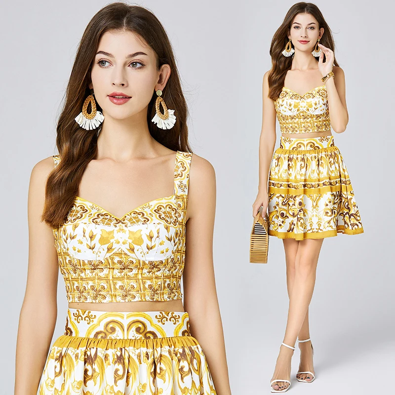 Summer Yellow And White Porcelain Print Holiday 2 Piece Set Women Spaghetti Strap Back Zip Chest Pad Corp Tops + Mini Skirt Suit